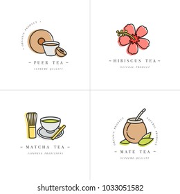 Vector set design colorful templates logo and emblems - organic herbs and teas . Different teas icon-puer, hibiscus, mate and matcha. Logos in trendy linear style isolated on white background