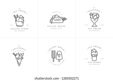 Vector set design colorful templates logo and emblems - ice cream and gelato. Difference ice cream icons. Logos in trendy linear style isolated on white background