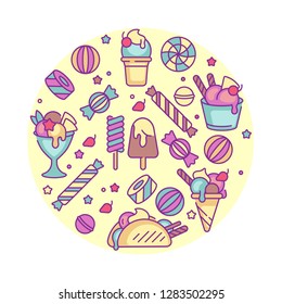 Vetor set design colorido modelos logotipo e emblemas - sorvete e gelato. Diferença ícones de sorvete. Logotipos em estilo linear estilizado isolado sobre fundo branco