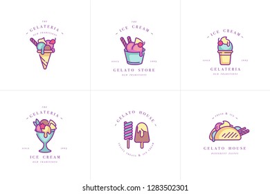 Vector set design colorful templates logo and emblems - ice cream and gelato. Difference ice cream icons. Logos in trendy linear style isolated on white background