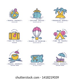 Vector set design colorful templates logos and emblems - travel agency and different types of tourism. Concep travel icon. Logos in trendy linear style isolated on white background