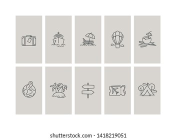 Vector set design colorful templates icons and emblems - social media story highlight. Travel agency and different types of tourism icons in trendy linear style isolated on white background