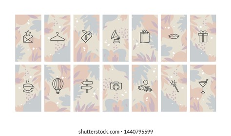 Vector set design colorful templates icons and emblems - social media story highlight. Different blogger icons in trendy linear style isolated on white background