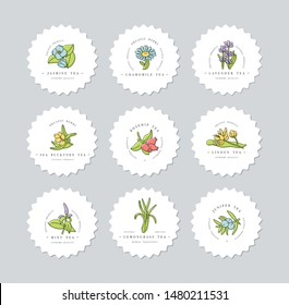 Vector set design colorful templates logo and emblems - organic herbs and teas. Different teas labels. Logos in trendy linear style isolated on white background