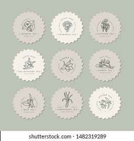 Vector set design colorful templates logo and emblems - organic herbs and teas. Different teas labels. Logos in trendy linear style isolated on white background