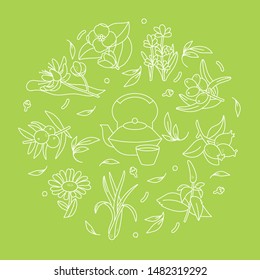 Vector set design colorful templates logo and emblems - organic herbs and teas. Different teas icon. Logos in trendy linear style isolated on white background