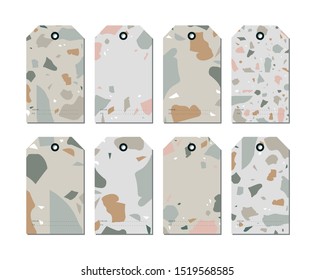 Vector set design colorful templates backgrounds. Terranzzo patterns tags set with colorful rock fragments