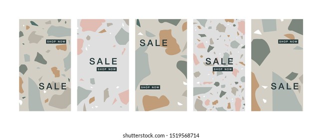 Vector set design colorful templates backgrounds - social media story wallpapers. Terranzzo patterns with colorful rock fragments. Bundle of colorful contemporary texture