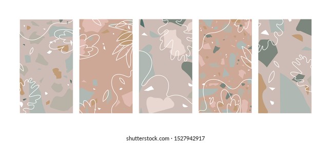 Vector set design colorful templates backgrounds - social media story wallpapers. Terranzzo patterns with colorful rock fragments. Bundle of colorful contemporary texture