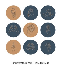 Vektorillustration Set Design bunten Vorlagen Symbole und Embleme - Highlight Social Media Story. Hände in verschiedene Gesten für Bloggersymbole