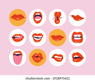 Vector set design colorful templates icons and emblems - social media story highlight. Different blogger icons female lips or nouths with various of mimic, emotions, facial expressions