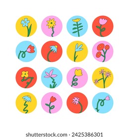 Vector set design colorful templates icons and emblems with groovy flowers - social media story highlight. Different blogger icons