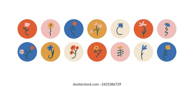 Vector set design colorful templates icons and emblems with groovy flowers - social media story highlight. Different blogger icons
