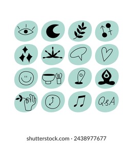 Iconos y emblemas coloridos del diseño del sistema del vector para los profesores del yoga - resalte de la historia de los medios sociales. Diferentes iconos de bloggers en estilo lineal de moda aislado