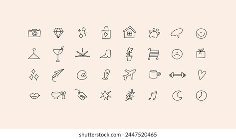 Vector set design colorful templates icons and emblems - social media story highlight. Different blogger icons in trendy linear style isolated on white background