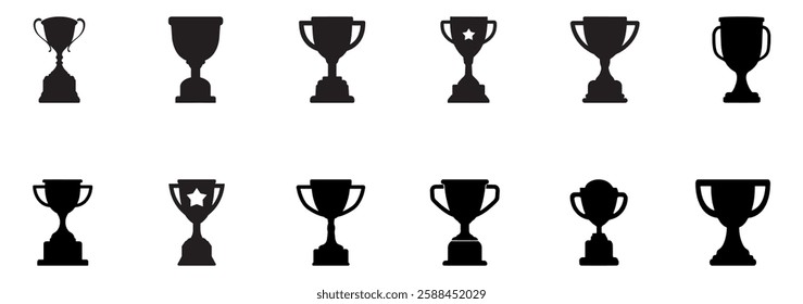 A vector set design consisting of black trophy silhouettes representing sports championship awards, isolated on a white background.