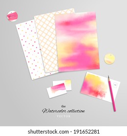 Vector set for design. Corporate design or card making and scrapbooking. Simple and watercolor background, brush strokes and stains. Paper and various cards. Pencil. Hand drawing and realistic shadows