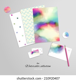 Vector set for design. Corporate design or card making and scrapbooking. Simple and watercolor background, brush stains. Paper and various cards. Pencil. Hand drawing and realistic shadows.