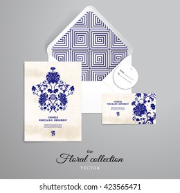Vector set for design. Damask floral pattern on watercolor backdrop. Imitation of chinese porcelain painting.