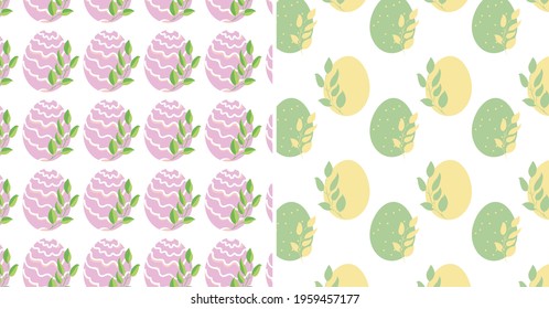 Vector set of design Easter seamless patterns with Easter eggs, leaves, color flower.For greeting card, posters, invitations, textile, wrapping paper, fabric, web.Happy Easter.Christian holiday.Spring