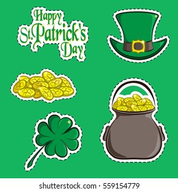 Vector set of design element and scrapbook object of St. Patrick s Day symbols. Greeting inscription, green hat, a handful of coins, clover quatrefoil and a pot of gold. Usable for your design.