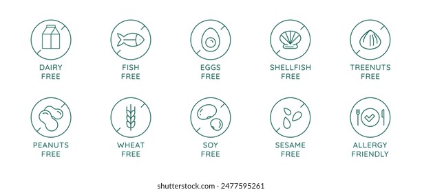 Vector set of design elements, badges and icons for food packaging in mono linear style - dairy free, nuts free, eggs free, soy free, allergy friendly