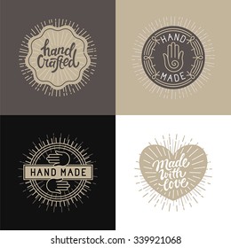 Vector set of design elements, badges and labels in vintage style with hand-lettering - hand made, handcrafted and made with love