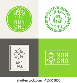 Vector set of design elements and badges for food and cosmetics packaging - non gmo and gmo free - natural ingredients labels and emblems