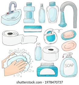 Vector set of design elements. A set of bathroom items in the style of a hand draw. Collection of cans, packages