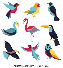 Vector set of design elements - birds signs and symbols - humming bird, pigeon, toucan, swan, flamingo, parrot, eagle, owl