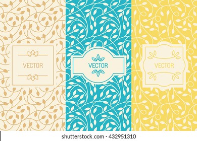 Vector set of design elements, borders and frames, seamless patterns for natural cosmetics or beauty product packaging - abstract backgrounds with flowers and leaves