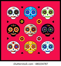 Vector set of design elements in cartoon naive style with funny colorful sugar skulls, flowers and hearts. Mexican poster. Dia de los Muertos or Day of the Dead illustration.