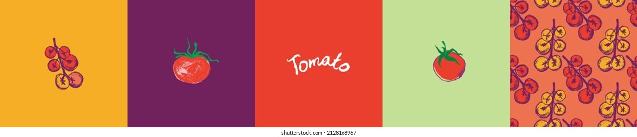 Vector set of design elements with Cherry tomatoes seamless pattern for label tomato paste, agro logo, tomato juice packaging. Hand-drawn vegetarian symbol. Organic vegetable background. Vegan sign.