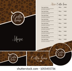 Vector set of design elements for coffee house. Menu, business cards and coasters for drinks with handwritten inscriptions and cup of coffee on dark background with a pattern of coffee beans