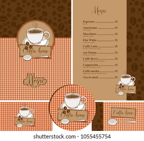 Vector set of design elements for coffee house. Menu, business cards and coasters for drinks with cup of hot coffee on a checkered background with a pattern of coffee beans