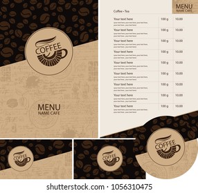 Vector set of design elements for coffee house. Menu, business cards and coasters for drinks with cup of hot coffee on dark background with a pattern of coffee beans and old manuscript