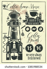 Vector set of design elements for a coffee house with handwritten inscriptions and coffee grinder in the form of old newspaper in retro style
