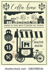 Vector set of design elements for a coffee house with a mobile coffee shop and handwritten inscriptions in the form of old newspaper in retro style