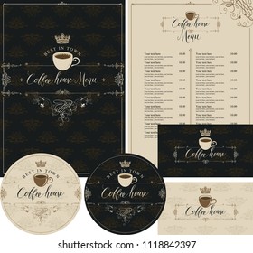 Vector set of design elements for coffee house with cup, crown and handwritten inscriptions. Menu, business cards and coasters for drinks in baroque style on ornate backdrop with floral pattern