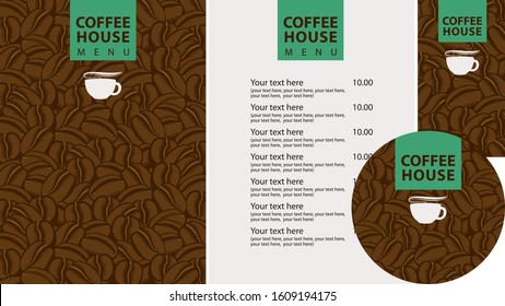 Vector set of design elements for coffee house. Menu, business cards and coasters for drinks with cup of hot coffee on the background of decorative coffee beans