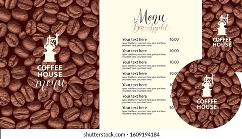 Vector set of design elements for coffee house. Menu, business cards and coasters for drinks with old coffee grinder on the background of coffee beans