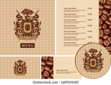 Vector set of design elements for coffee house. Menu, business cards and coasters for drinks with vintage coat of arms on a checkered background with a pattern of coffee beans