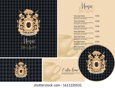 Vector set of design elements for coffee house in retro style. Menu, business cards and drink stands with vintage coat of arms and hand-drawn cup on a black checkered background