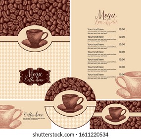 Vector set of design elements for coffee house in retro style. Menu, business cards and coasters for drinks with hand-drawn cup and handwritten inscriptions on the background of coffee beans