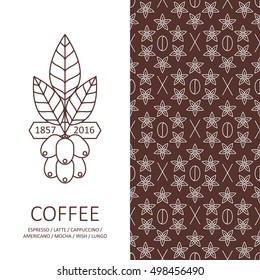 Vector set of design elements with coffee seamless pattern and logo