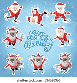Vector set design elements cute Santa Claus and funny Krampus. Different character isolated on blue background