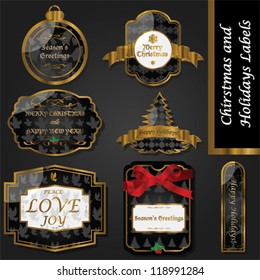 Vector set: design elements and decoration of different Christmas and holiday themed gold and black labels