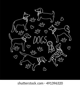 Vector set of design elements - dog breeds (dachshund, laika, dalmatian, retriever, beagle, german shepherd), awards, heart, paw trace isolated on black background in flat style. Contour images 
