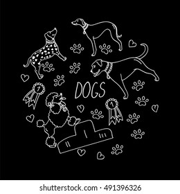 Vector set of design elements - dog breeds (dalmatian, whippet, poodle, boxer), awards, heart, paw trace isolated on black background in flat style. Contour images 