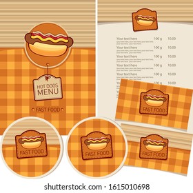 Vector set of design elements for fast food restaurant. Menu, business cards and coasters for drinks with hot dog and inscriptions on the checkered background. Hot dogs menu